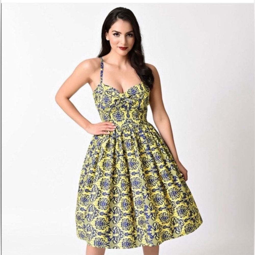 NWT Unique Vintage Yellow & Navy Damask Chateau Dress